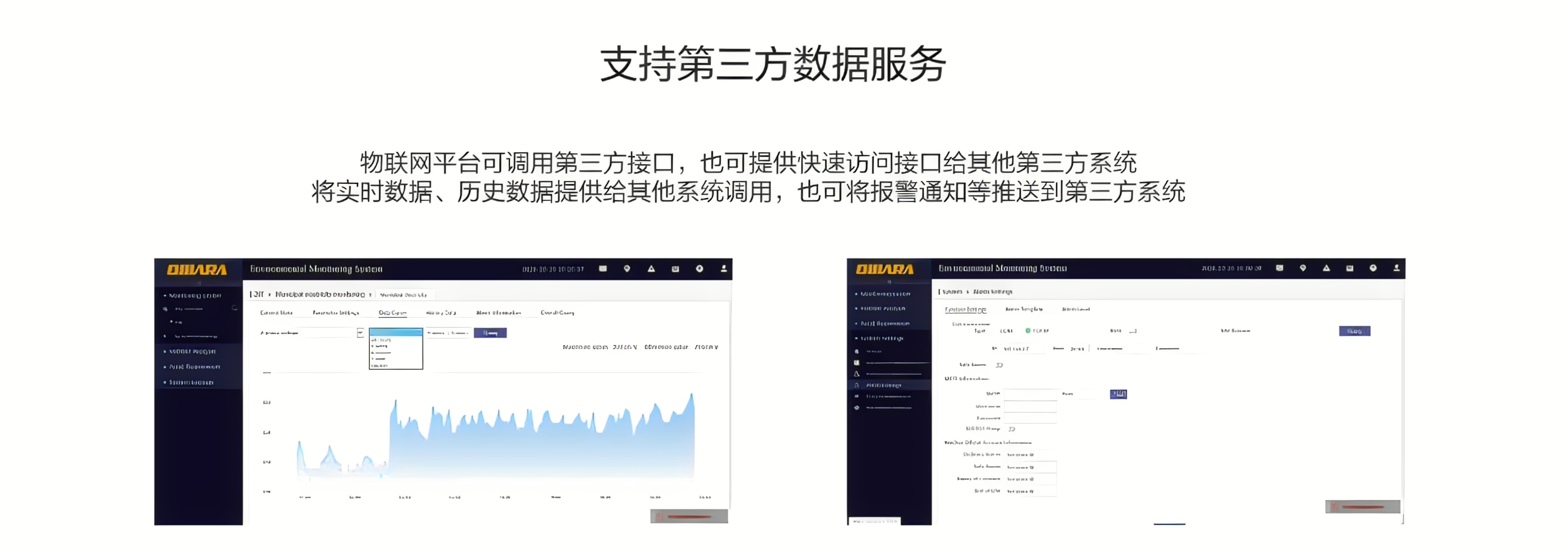 物聯網平臺可調用第三方接口，也可提供快速訪問接口給其他第三方系統，將實時數據、歷史數據提供給其他系統調用，也可將報警通知等推送到第三方系統